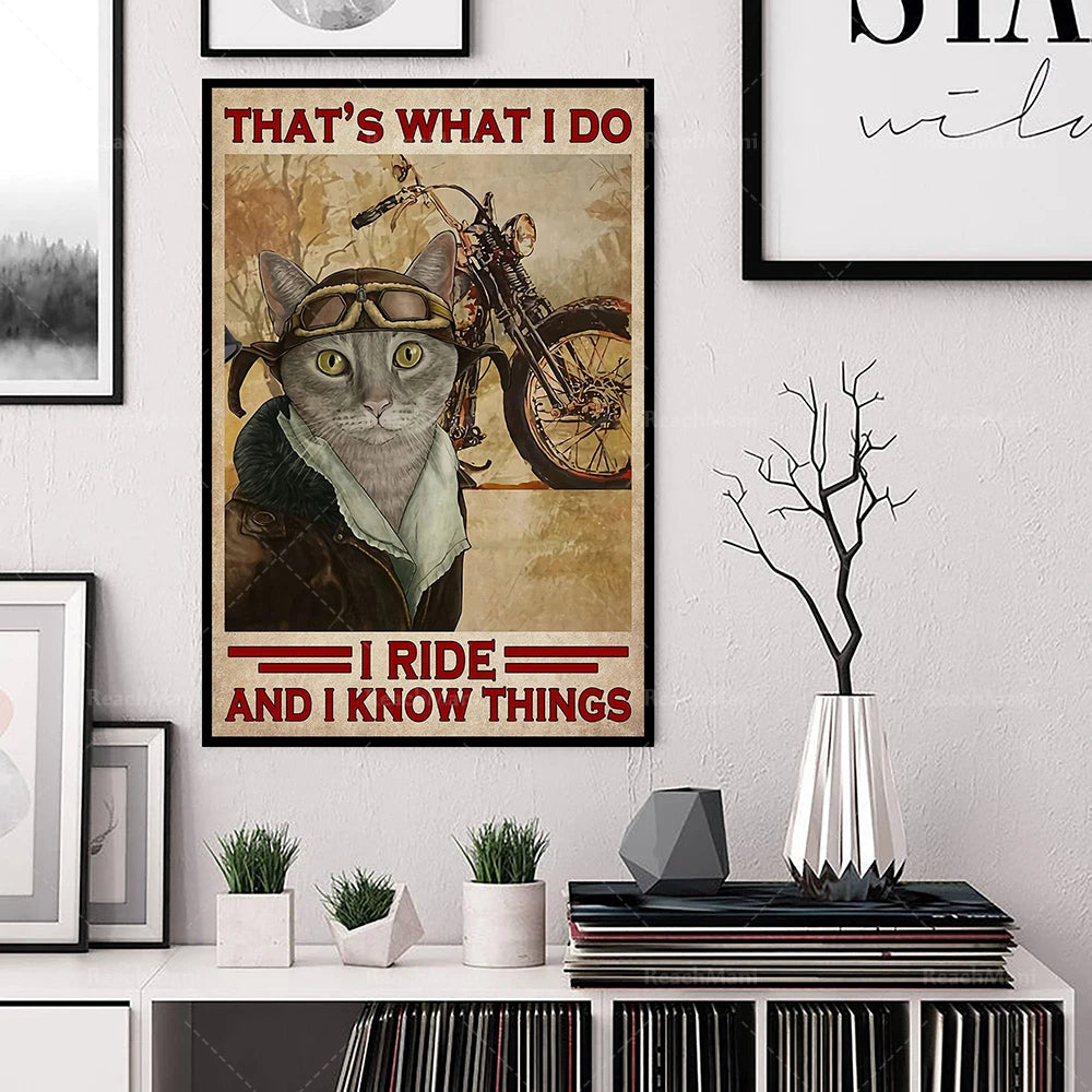 Le chat casqué sur une moto affirme qu'il aime faire de la moto et qu'il sait beaucoup de choses.