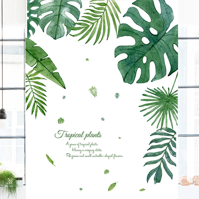 autocollant mural feuilles tropicales moderne adhésif vert opaque décoration murale résistant eau chambre salon