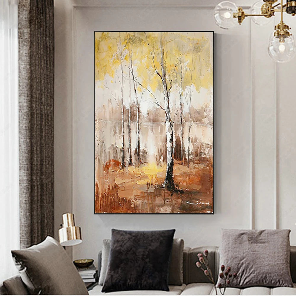 grand tableau peinture l'huile paysage arbres abstrait moderne toile cadre doré