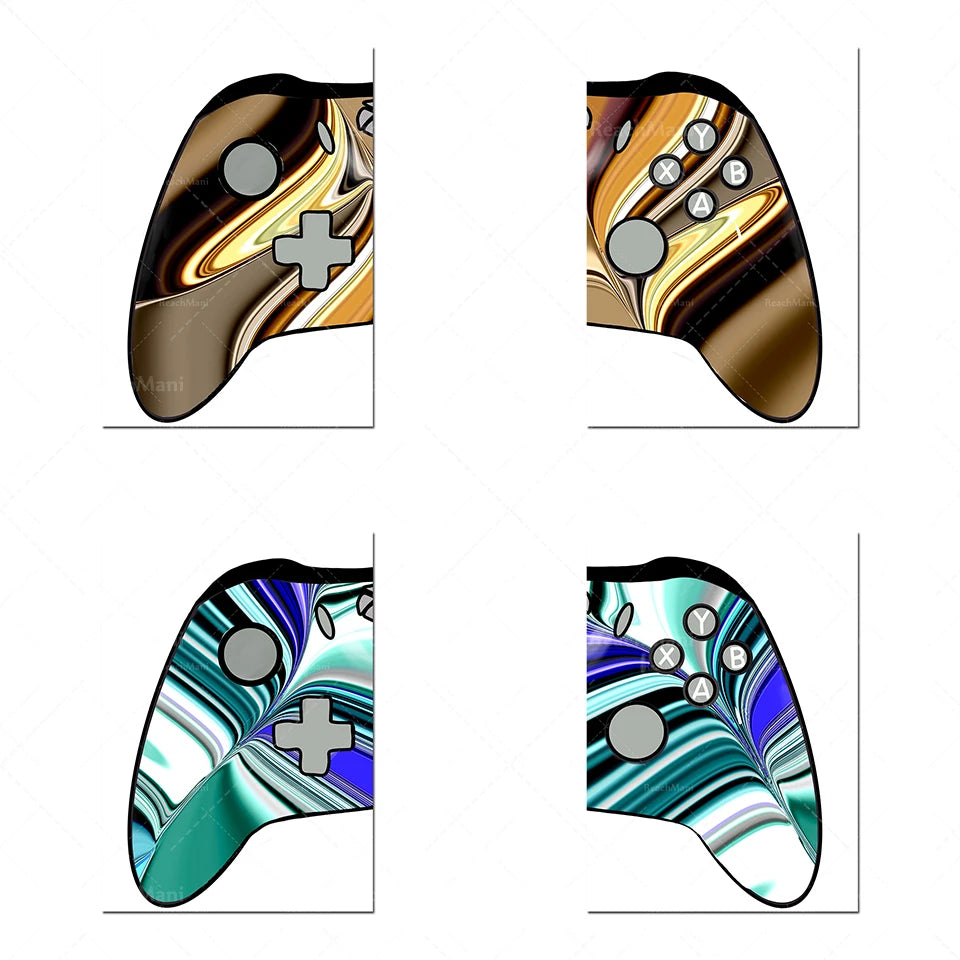 Une collection de manettes de jeu avec des motifs abstraits et colorés, créant une expérience de jeu unique et vibrante.