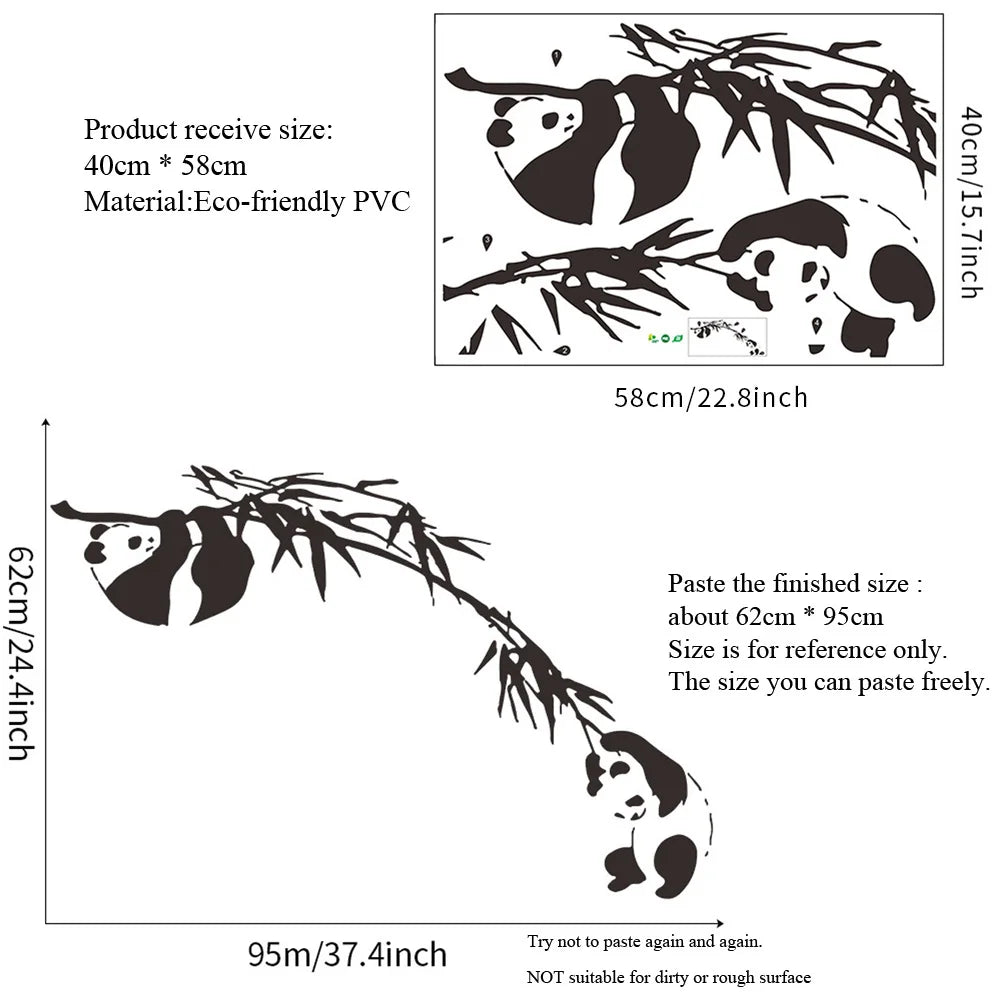 autocollant mural panda bambou minimaliste résistant eau dimension 62cm 95cm adhésive pvc noir chambre