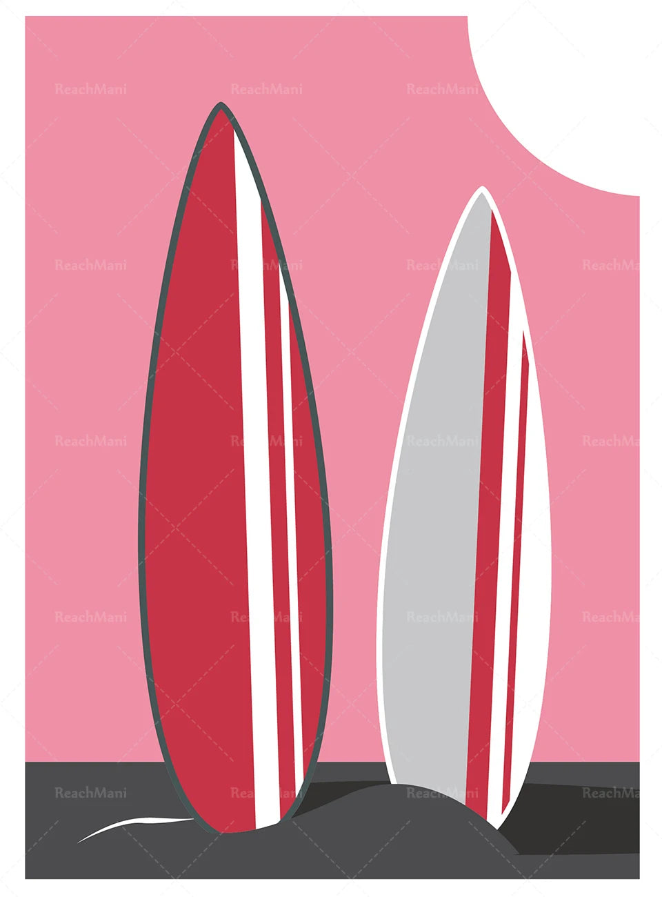 Deux planches de surf rouges et blanches posées sur un fond rose vif.