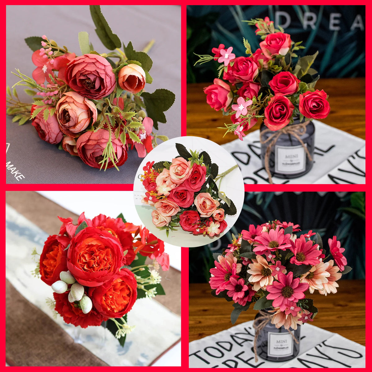 fleur artificielle rose thé soie bouquet rouge blanc décoration mariage maison jardin