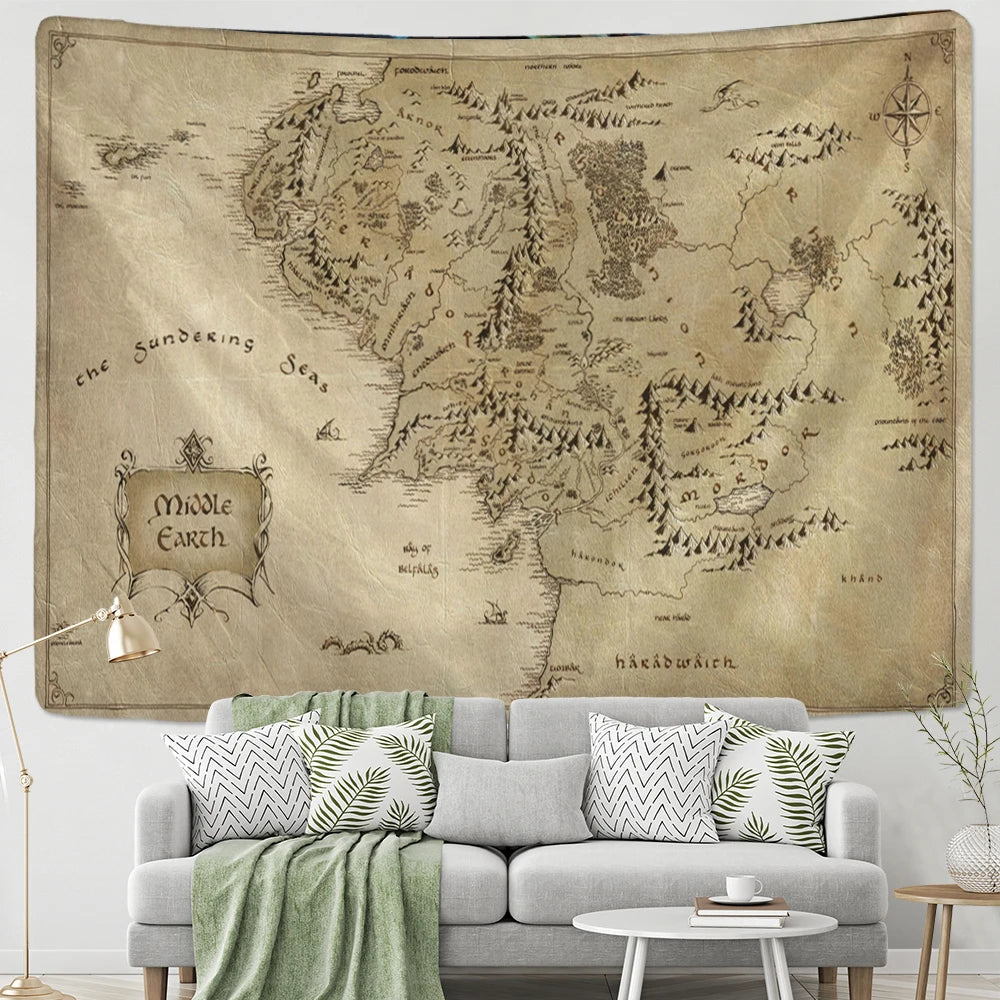 tapisserie vintage carte middle earth détails géographiques ornement clips beige brunclair