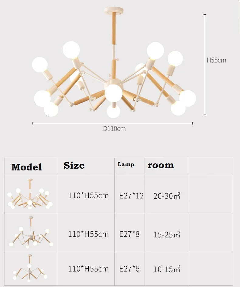 suspension lumineuse moderne araignée industrielle bois métal noir blanc ampoules E27 led scandinave