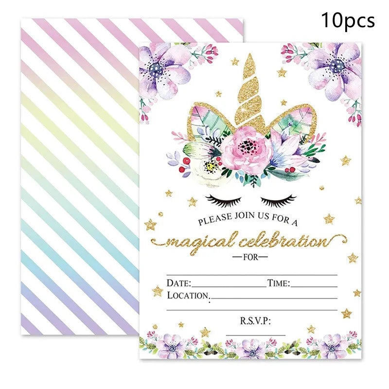 invitations anniversaire licorne fleurs roses étoiles dorées illustration animée colorées opaques filles decoration fête