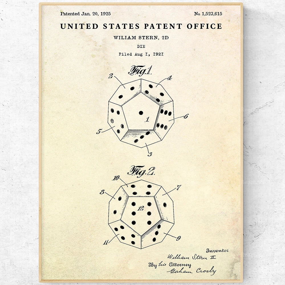 L'image représente le brevet d'un design de dé à jouer breveté en 1925 par William Stern, 2D. Le document montre les schémas techniques du dé et les informations relatives à la demande de brevet.