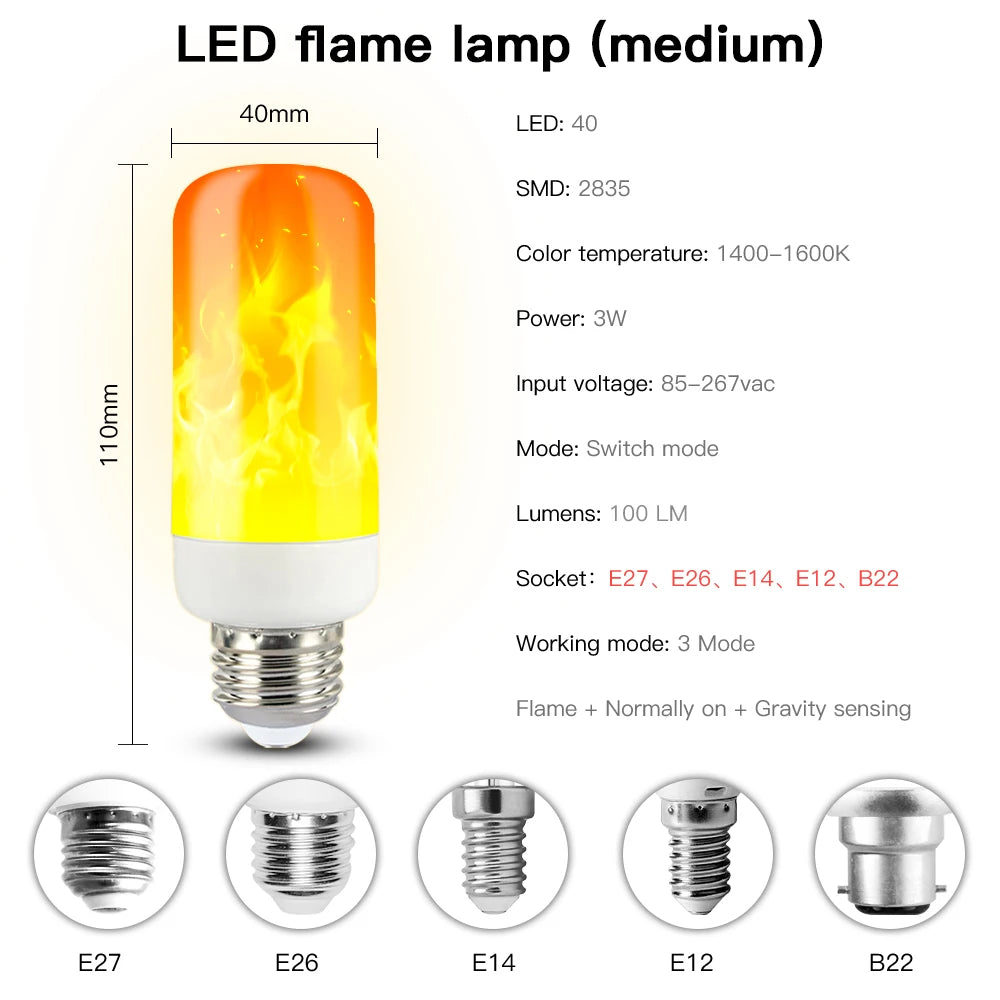 ampoule led effet flamme moderne 3w 6w 8w e27 e14 b22 blanc orange jaune