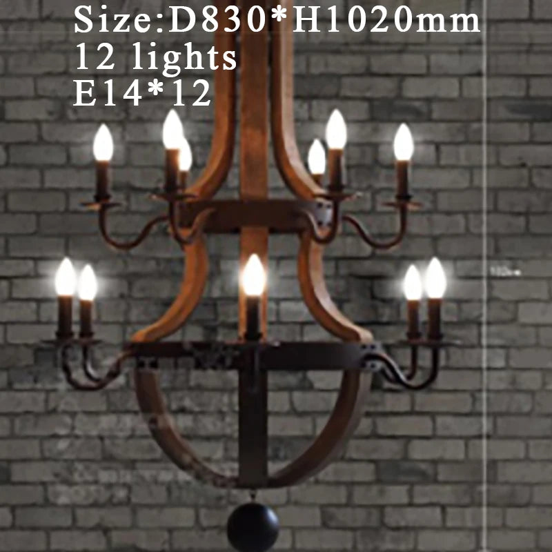 chandelier rustique bois marron vieilli 12 lumières suspension industrielle