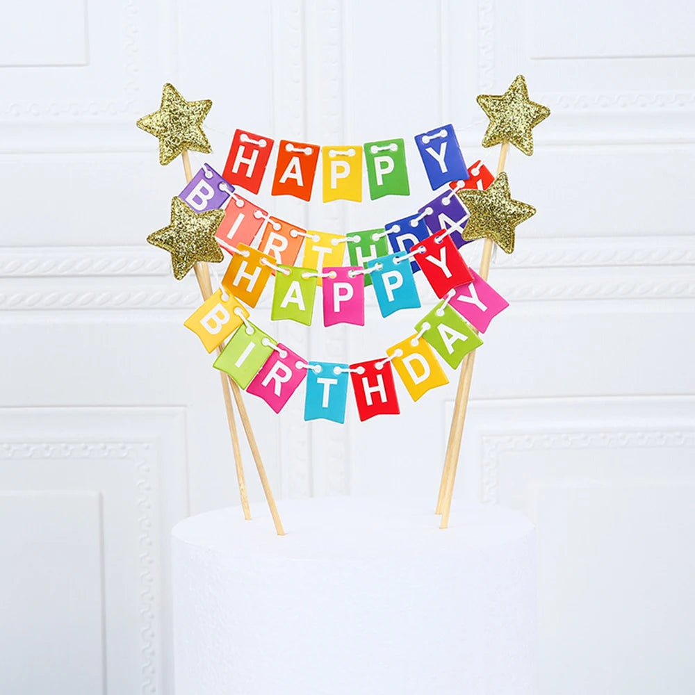 décoration gâteau happy birthday lettres étoiles papillons chiffres multicolores festif événement anniversaire
