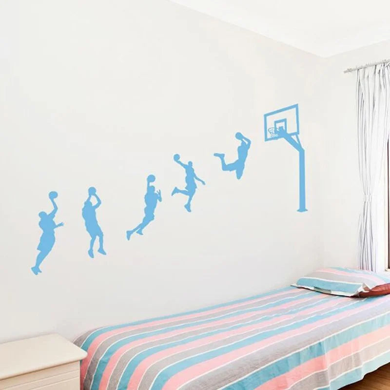 sticker mural sportif silhouettes basketteurs mouvement moderne noir bleu jaune adhésif chambre enfant decoration