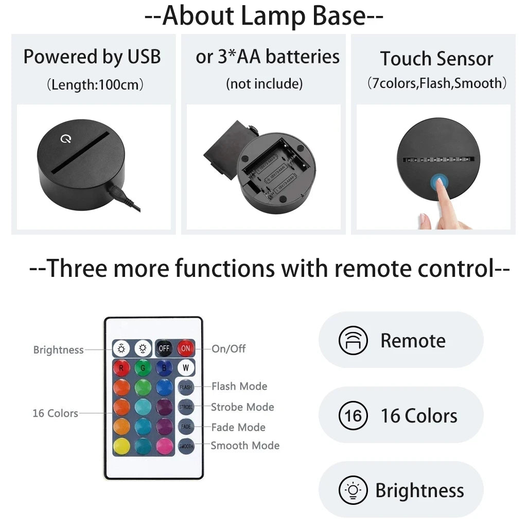 lampe nuit 3d led personnages stylisés or violet bleu vert rouge Jaune Blanc télécommande