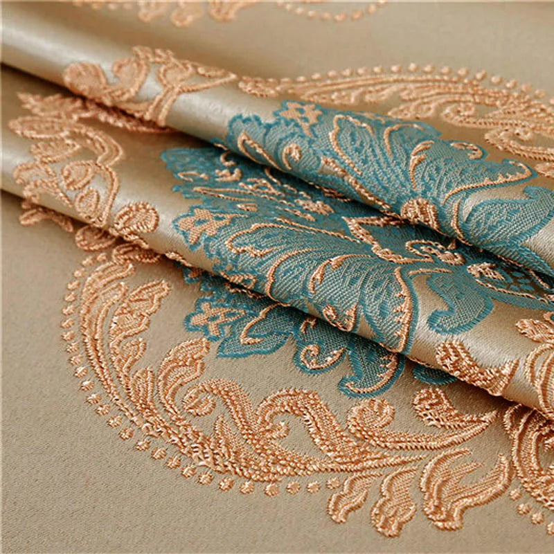 rideau européen classique beige bleu clair motifs floraux dorés opaques tassel doré