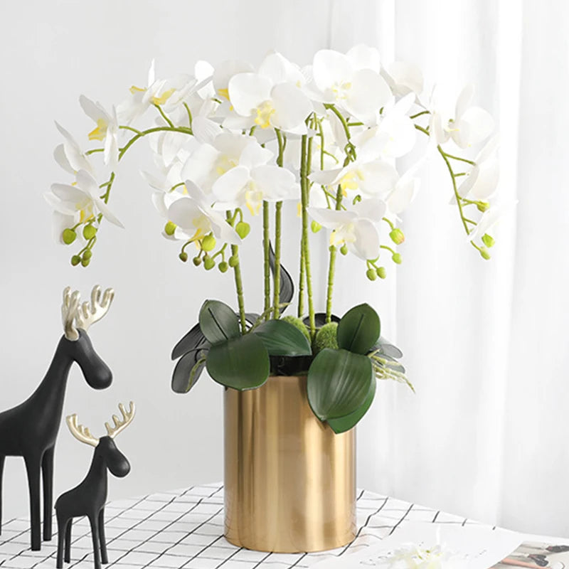 décoration intérieure orchidées artificielles blanc rose jaune feuilles vertes minimaliste mariage anniversaire baby shower