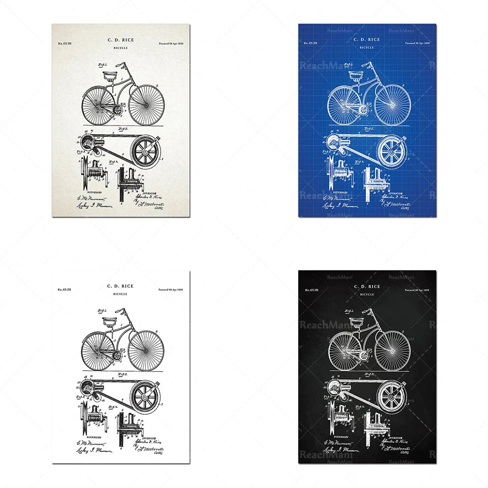 Schémas brevetés du vélo de C.D. Rice, dévoilant les détails techniques et mécaniques de la conception de cette bicyclette.
