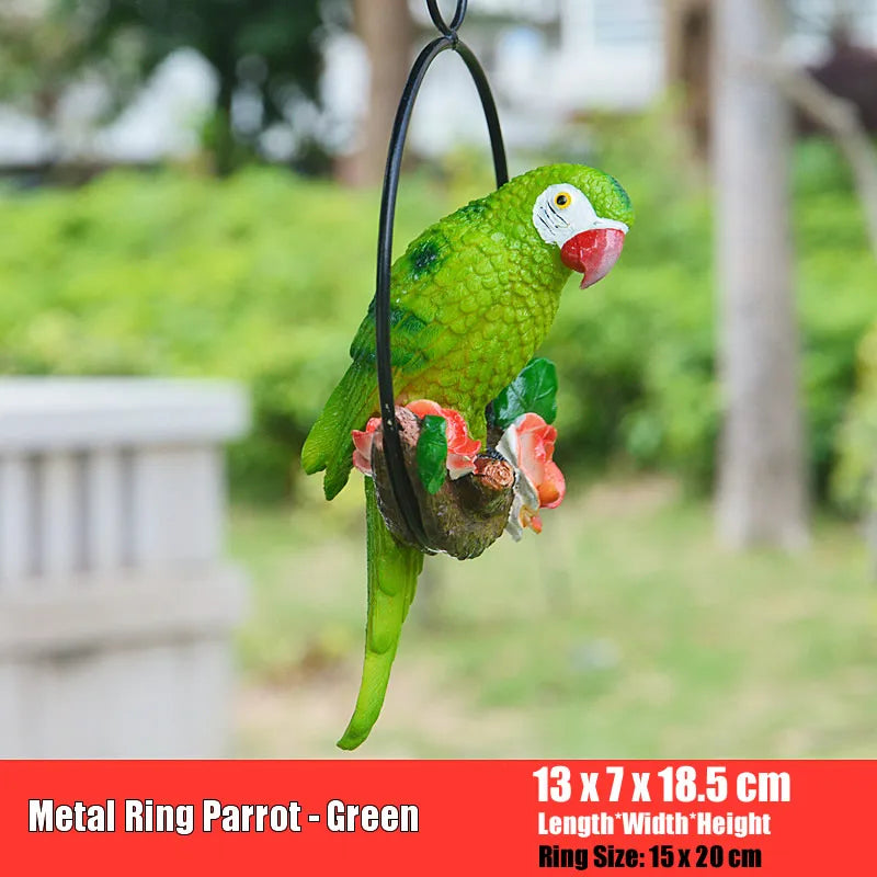 décoration extérieure oiseau suspendu perroquet plumage coloré anneau métallique jardin fleurs artificiellesbranches