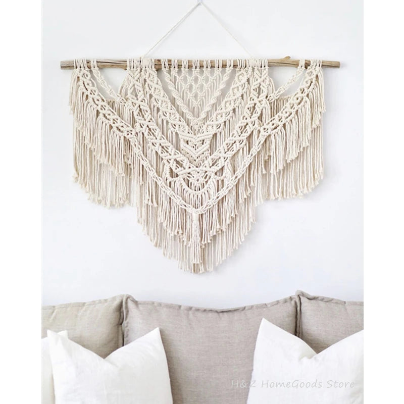 Détail du tissage macramé patchwork géométrique
