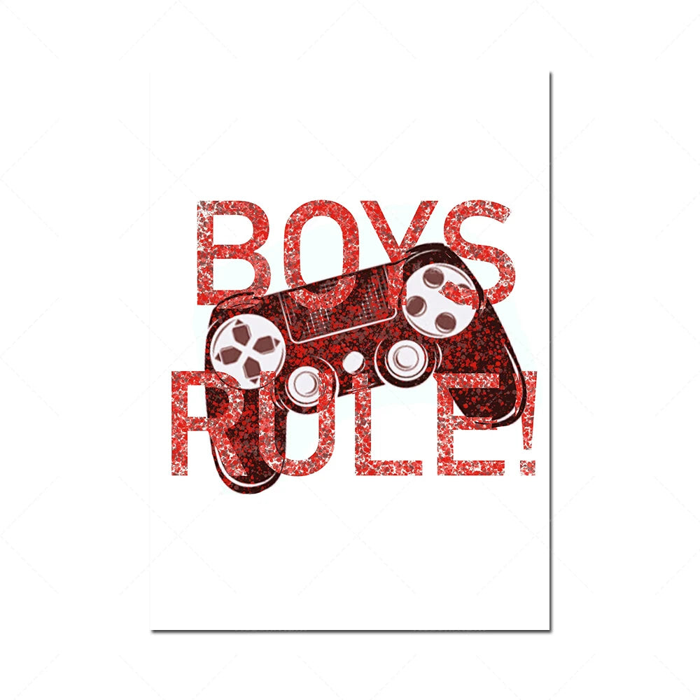 Le texte de l'image représente le concept de "Boys rule" avec des manettes de jeux vidéo rouges en arrière-plan, symbolisant l'univers du jeu et de l'amusement masculin.