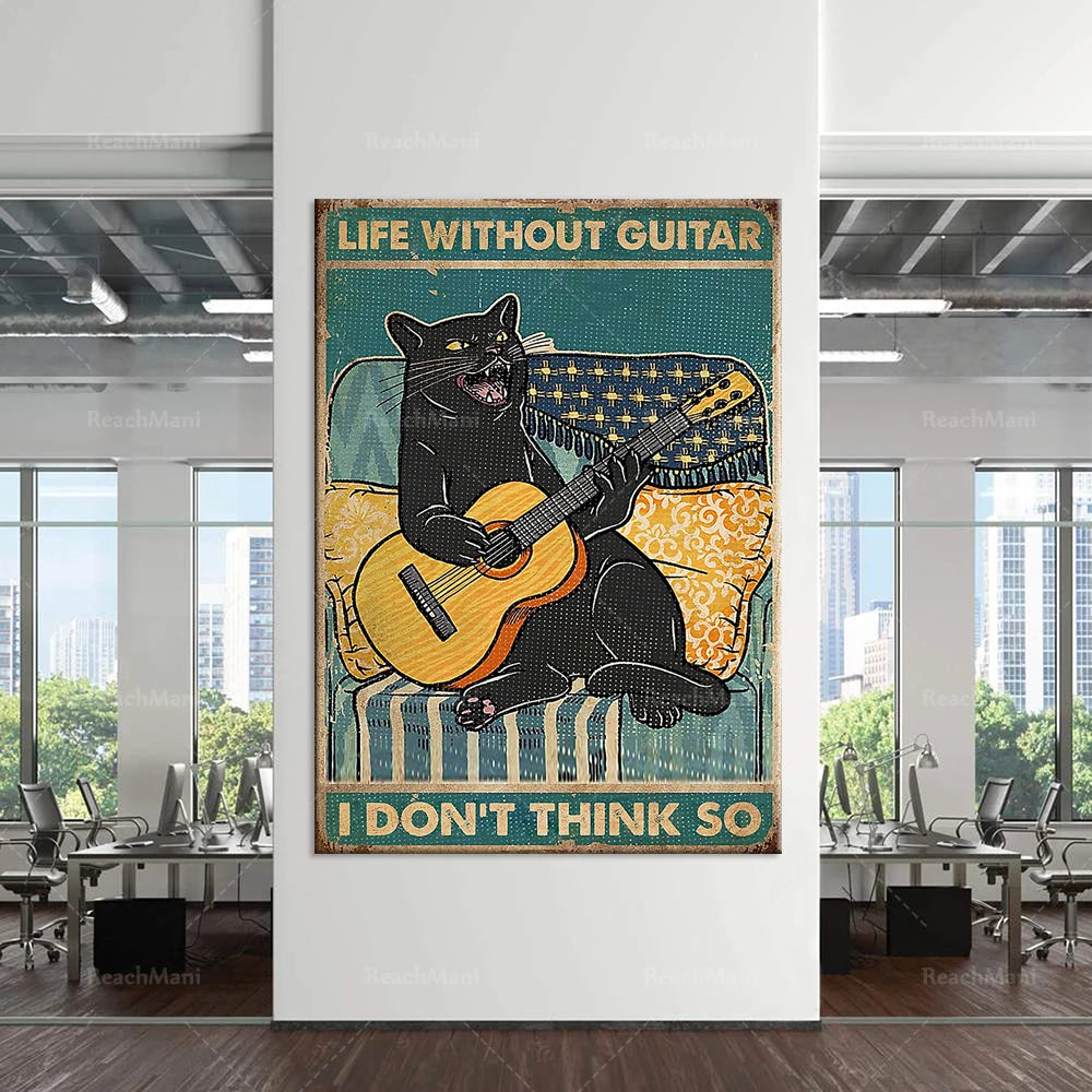 Un chat noir jouant de la guitare sur un fond coloré avec le texte "La vie sans guitare, je ne pense pas".