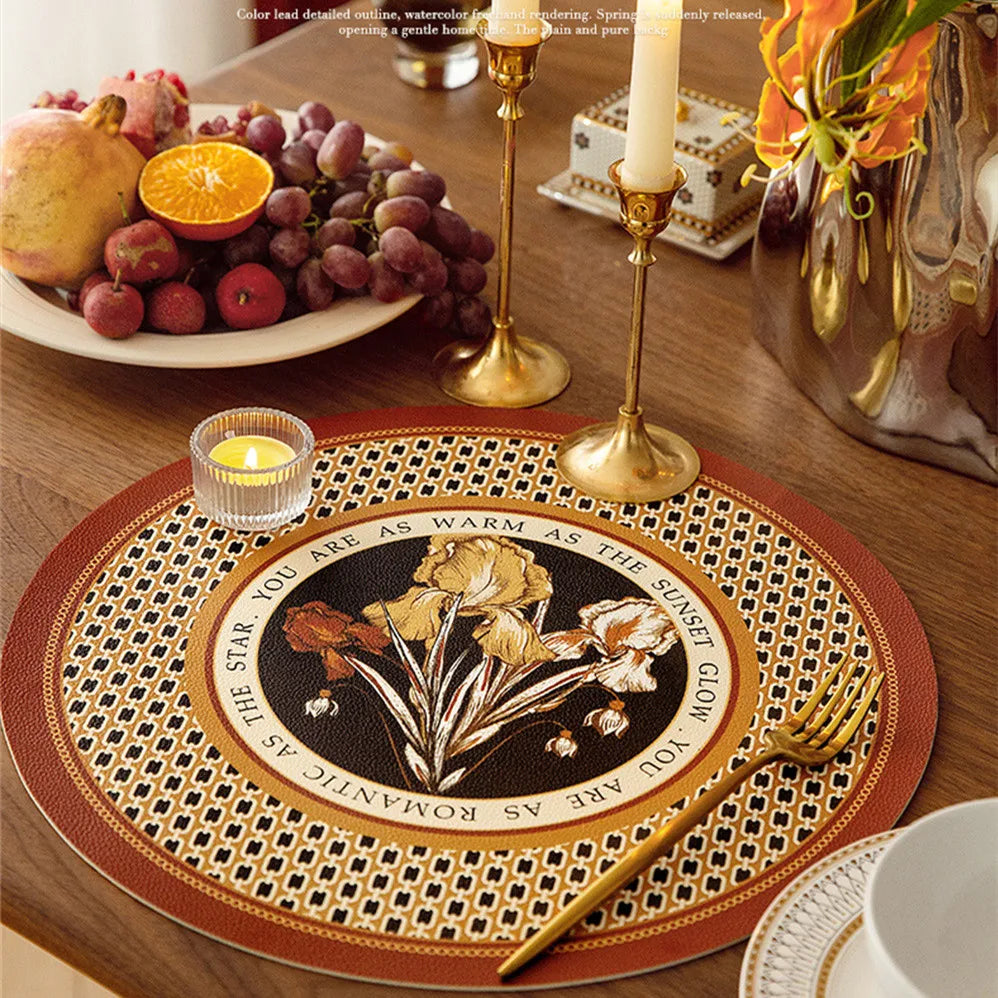 tapis table rond protection anti dérapante pvc respectueux environnement beige marron fleurs stylisées élégant