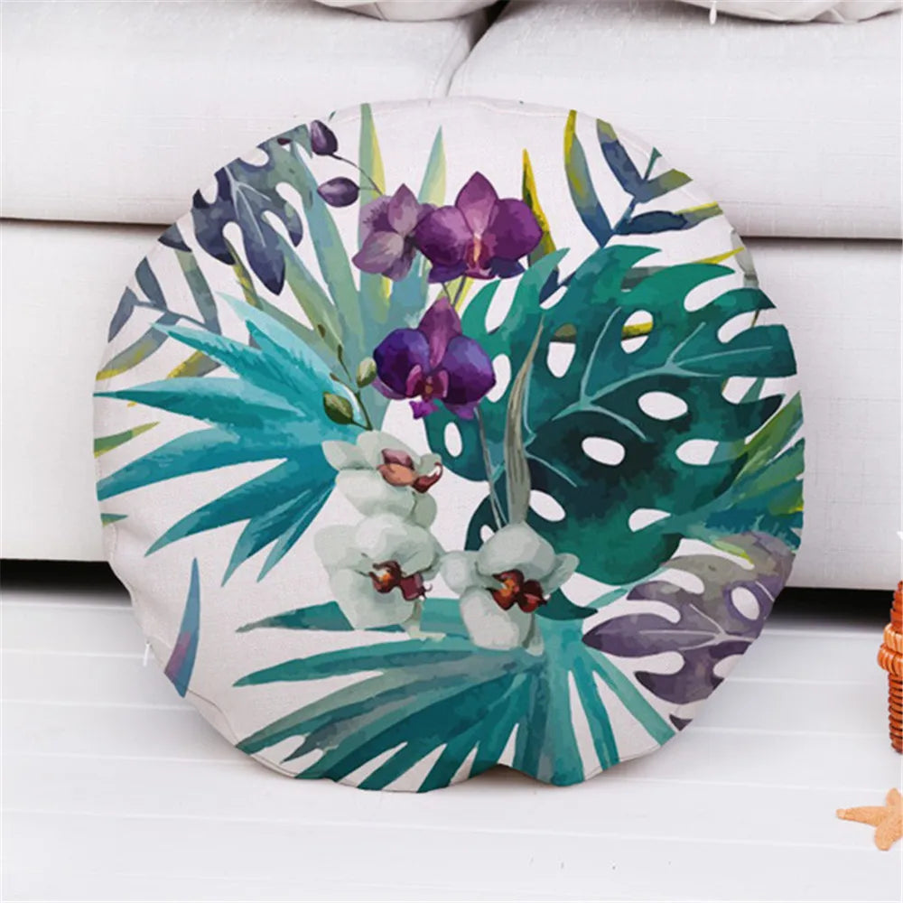 housse coussin rond motif plante feuilles fleurs verte bleue blanche moderne canapé lit voiture