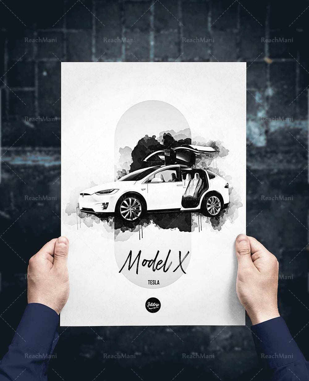 Affiche représentant le véhicule électrique Tesla Model X dans une composition artistique avec un paysage de montagne en arrière-plan.