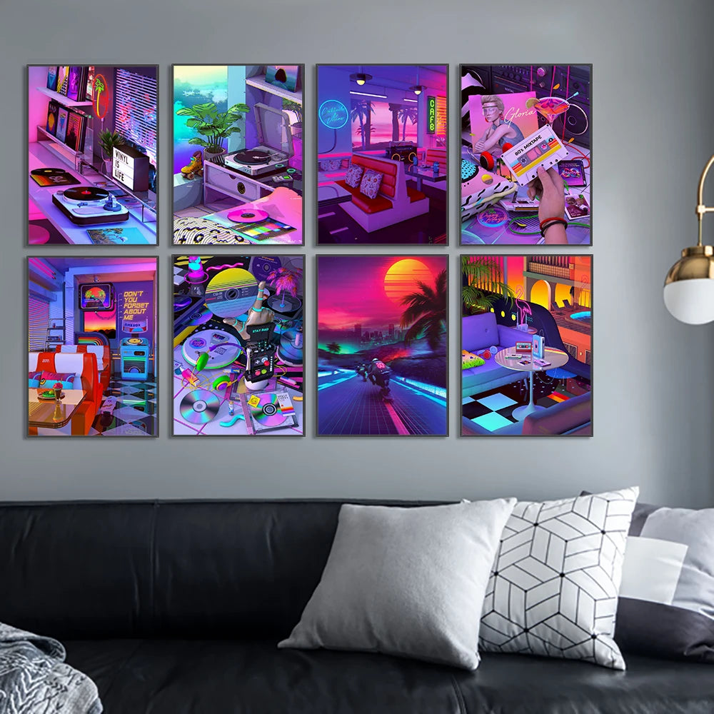 Cette collection de huit toiles murales offre une représentation vibrante et colorée d'un univers rétrofuturiste, mêlant éléments technologiques, paysages tropicaux et détails d'intérieur contemporain, créant une ambiance à la fois nostalgique et futuriste.