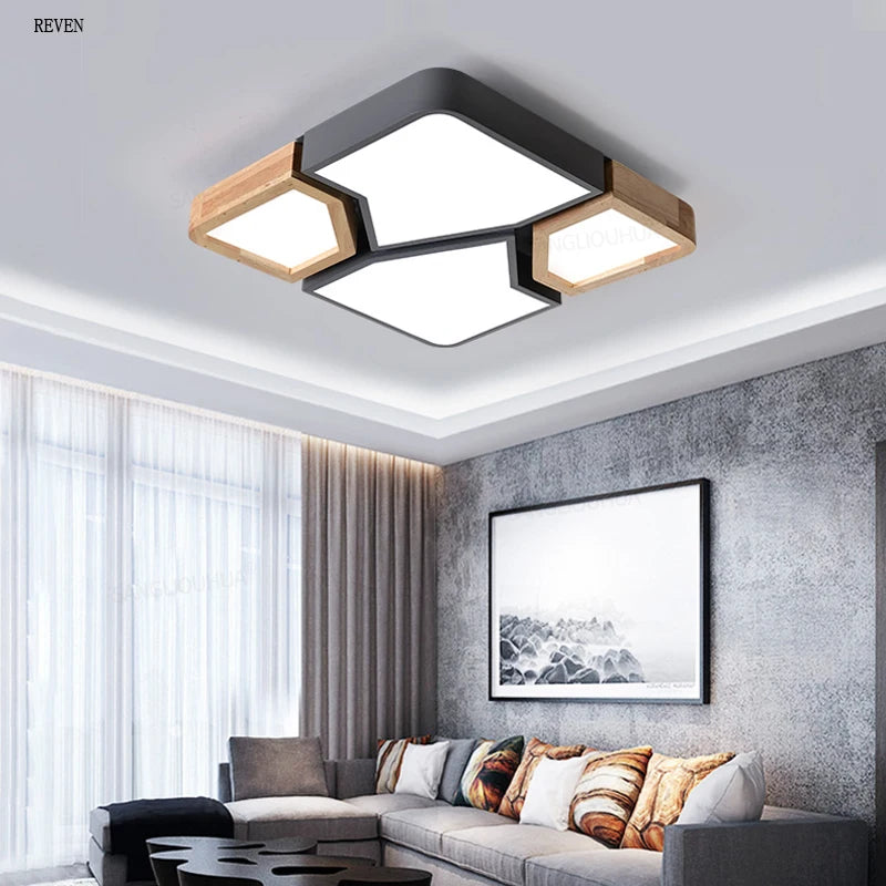 plafonnier moderne scandinave noir bois naturel hexagonal led 45cm vert