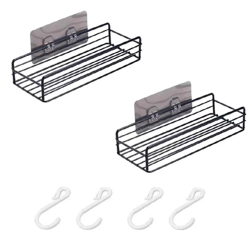 étagère salle bain moderne adhésive noir grille métallique rangement bouteilles cosmétiques flacons pots boîtes