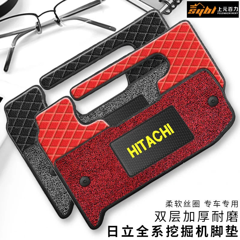 tapis sol rouge noir quilté moderne hitachi logo cabine véhicule