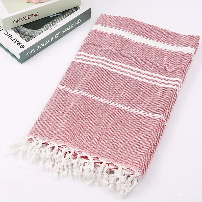 serviette bain rayée 100x180cm coton biologique séchage rapide franges classique rose gris bleuclair