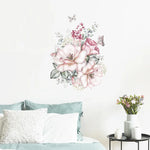 autocollant mural fleurs papillons romantique couleur rose blanc vert gris dimension 50cm 37cm résistant