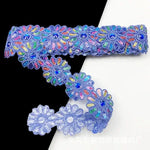 ruban décoratif fleurs strass brodé polyester rose bleu orange jaune marron opacité 6cm large