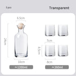 Cette image présente un ensemble de 5 articles en verre transparent, comprenant une bouteille d'environ 1200 ml et 4 verres d'environ 260 ml chacun, avec des dimensions détaillées sur l'image.