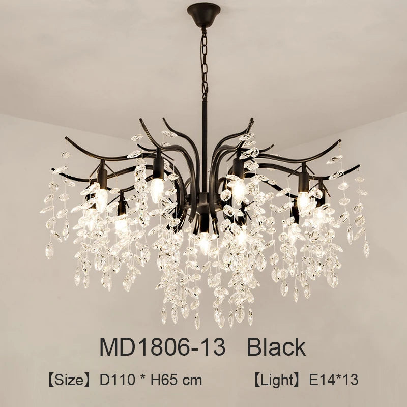 lustre moderne cristal K9 doré noir ampoules LED branches stylisées transparentes salon mariage