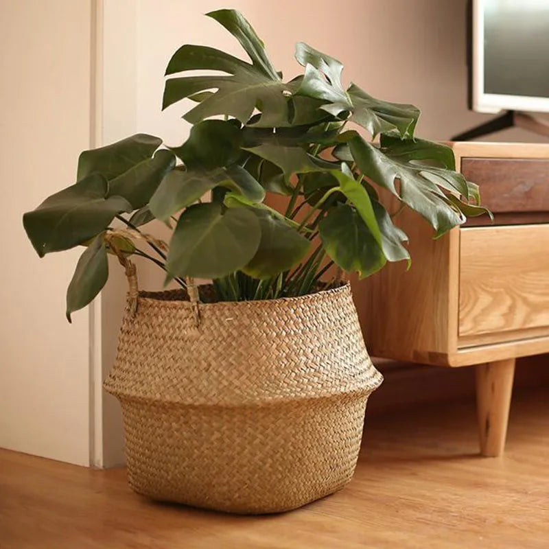 panier pliable osier tissé motifs réguliers poignées cuir naturel rustique jardin