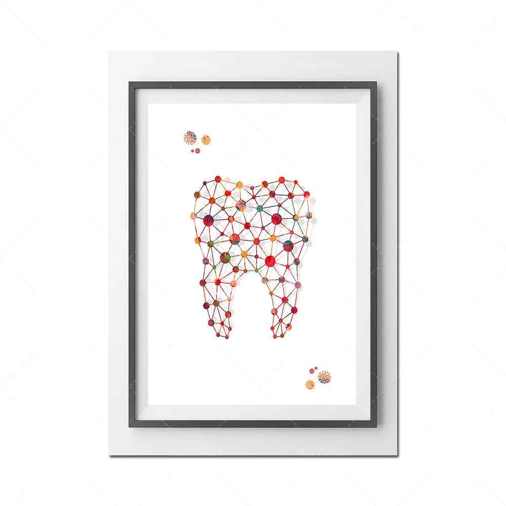 L'image montre un dessin abstrait représentant une dent stylisée, composée de lignes et de formes géométriques colorées.