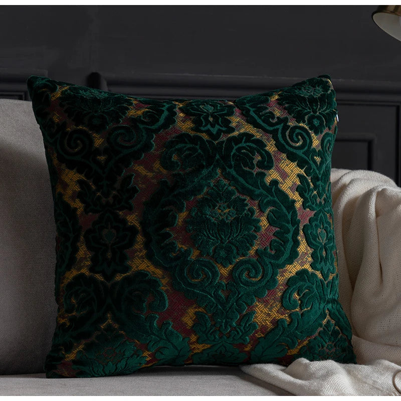 taies d'oreiller velours fleur motif floral damas relief élégantes classiques beige vert bleu marron