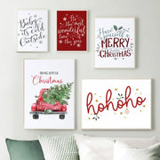 tableaux decoratifs noel modernes rouge blanc illustration camion sapins branches étoiles toiles coton brut