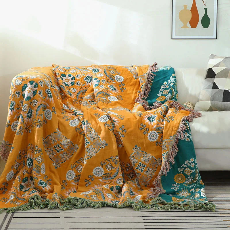 couverture coton fleur boho chic printemps automne portable qualité adulte voyage maison orange vert