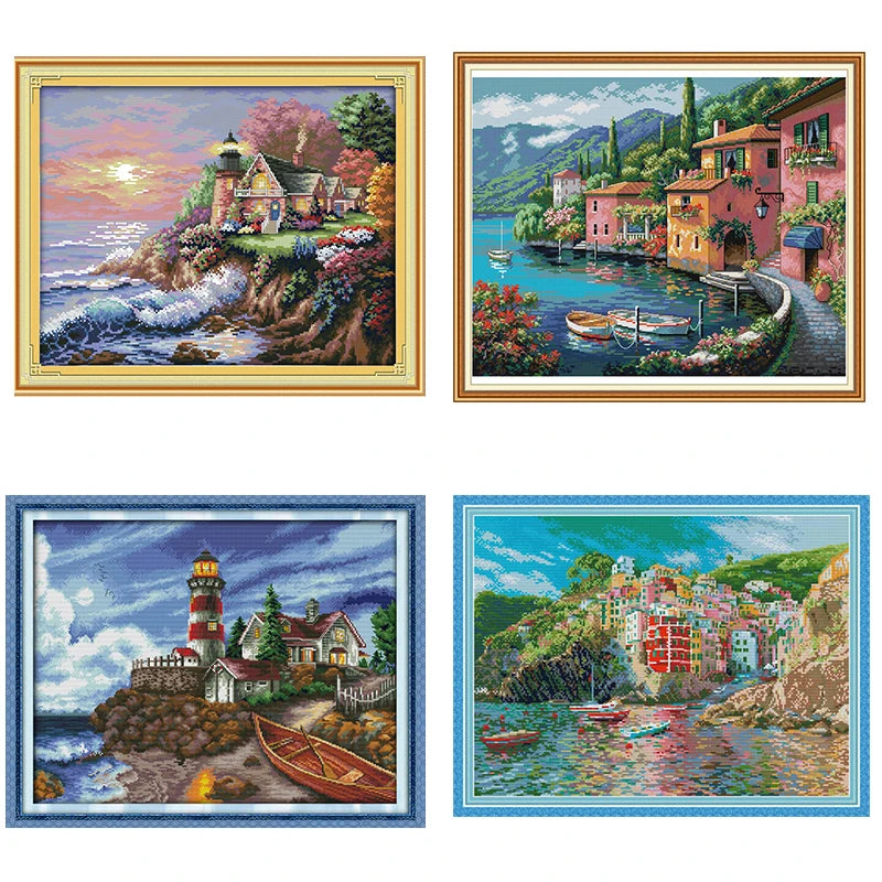 tableau point croix paysages maritimes motifs scéniques coton blanc peinture décoration maison cadeau enfants