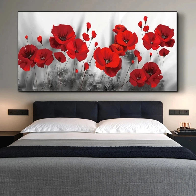 toile d'art moderne fleurs rouges fond noir blanc décoration mur horizontale sans cadre imperméable