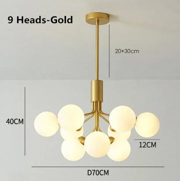 Suspension lumineuse moderne ornement boules translucides structure métallique or blanc