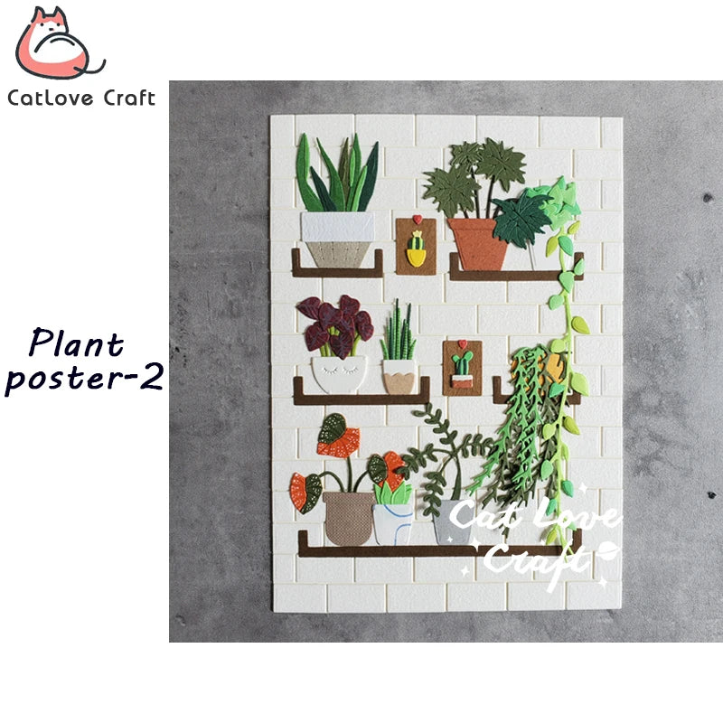 affiche murale plantes motifs brique pots feuilles grilles deco intérieure art