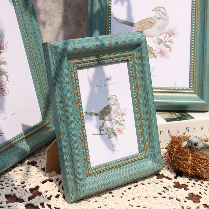 Cadre photo vintage rectangulaire résine marron foncé vert blanc papillon oiseau texte ancien décoration