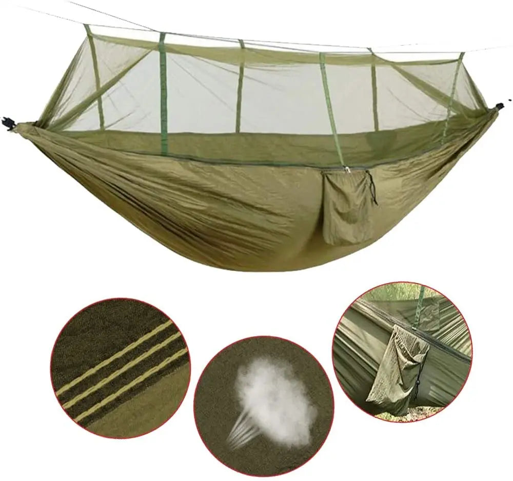 hamac vert olive pratique moustiquaire cordelettes carabiners sac rangementextérieur léger camping