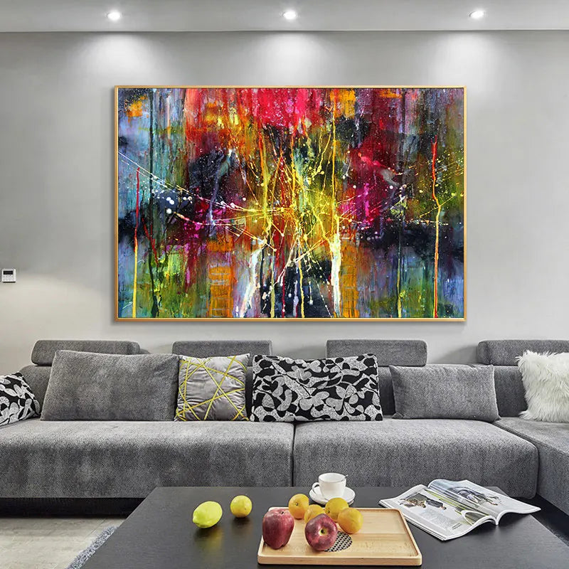 tableau abstrait multicolore contemporain sans cadre impression toile decoration horizontal