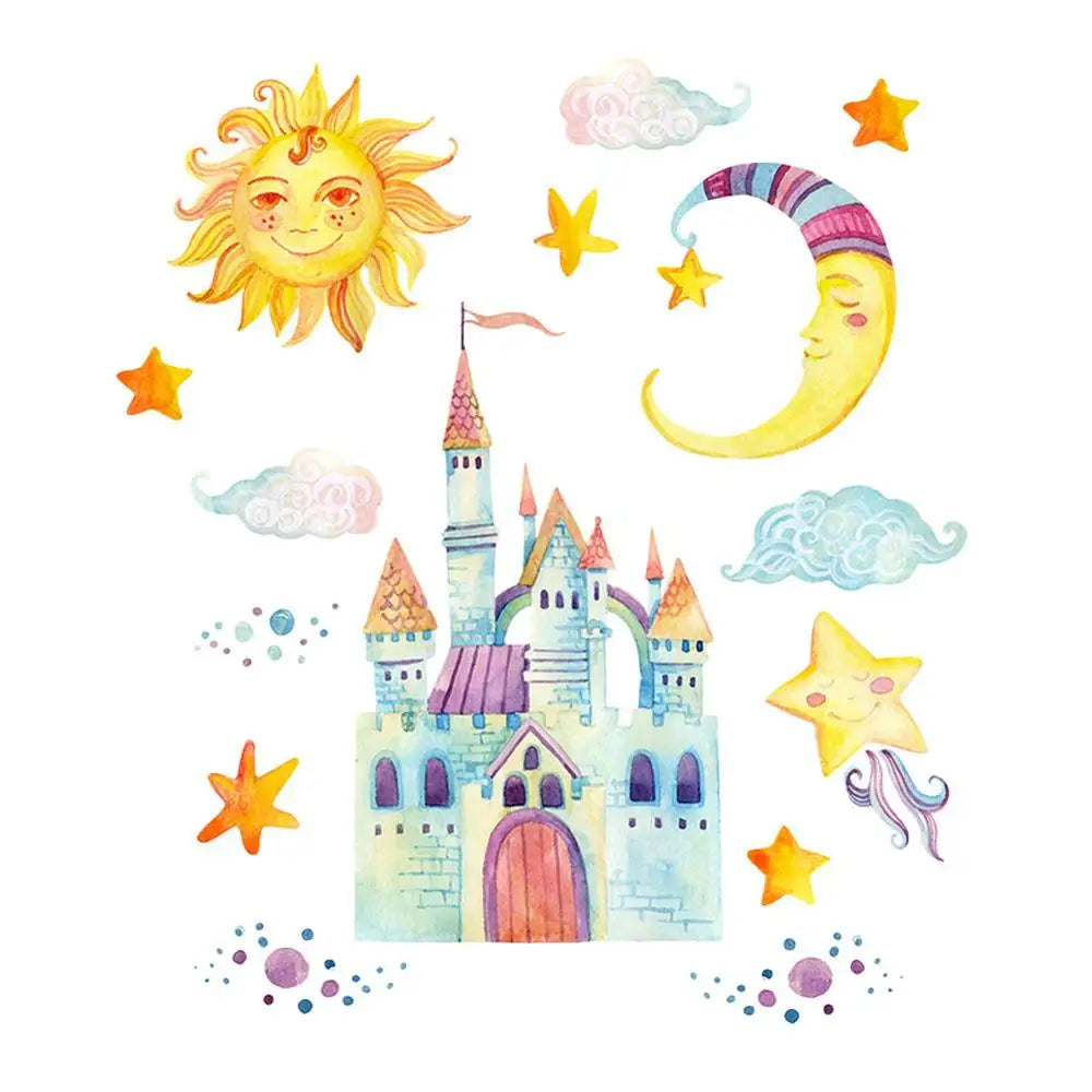 sticker mural dessin animé château soleil lune enfant decoratif adhesif multicolore chambre enfants