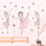 Stickers muraux danseuses tutu papillons coeurs couleurs vives illustration cartoon adhésif chambre enfant decoration