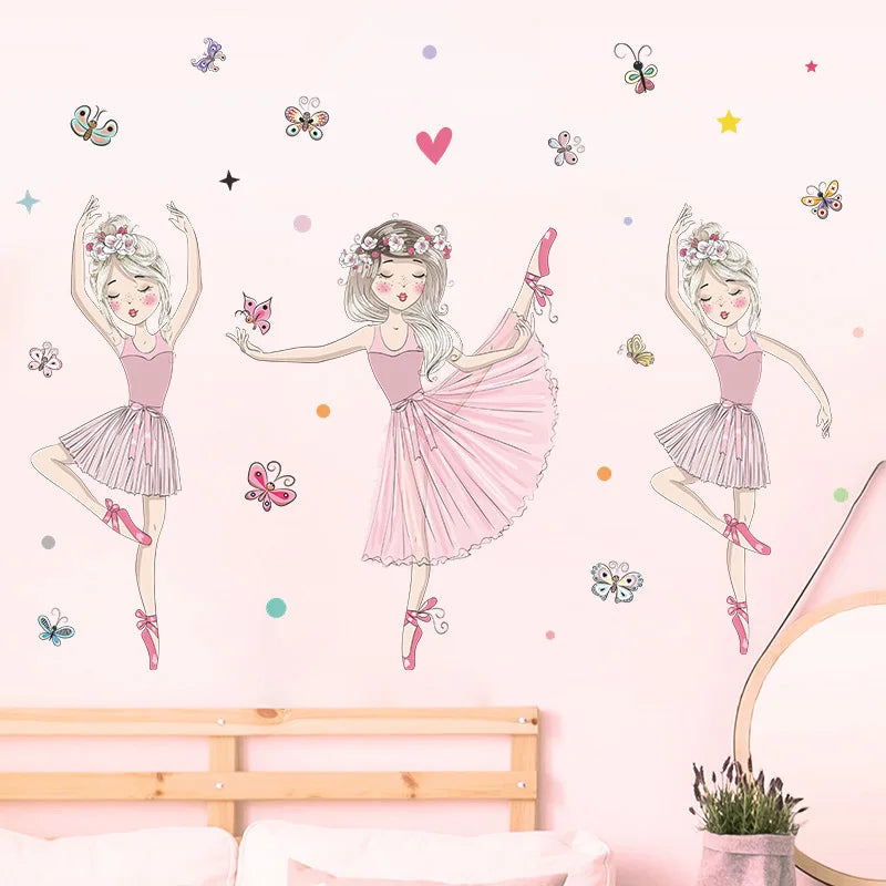 Stickers muraux danseuses tutu papillons coeurs couleurs vives illustration cartoon adhésif chambre enfant decoration
